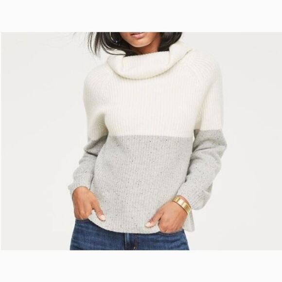 Ann Taylor 100% Cashmere Colorblock Mock Turtleneck Sweater M Soft Cozy Neutral - Picture 1 of 9